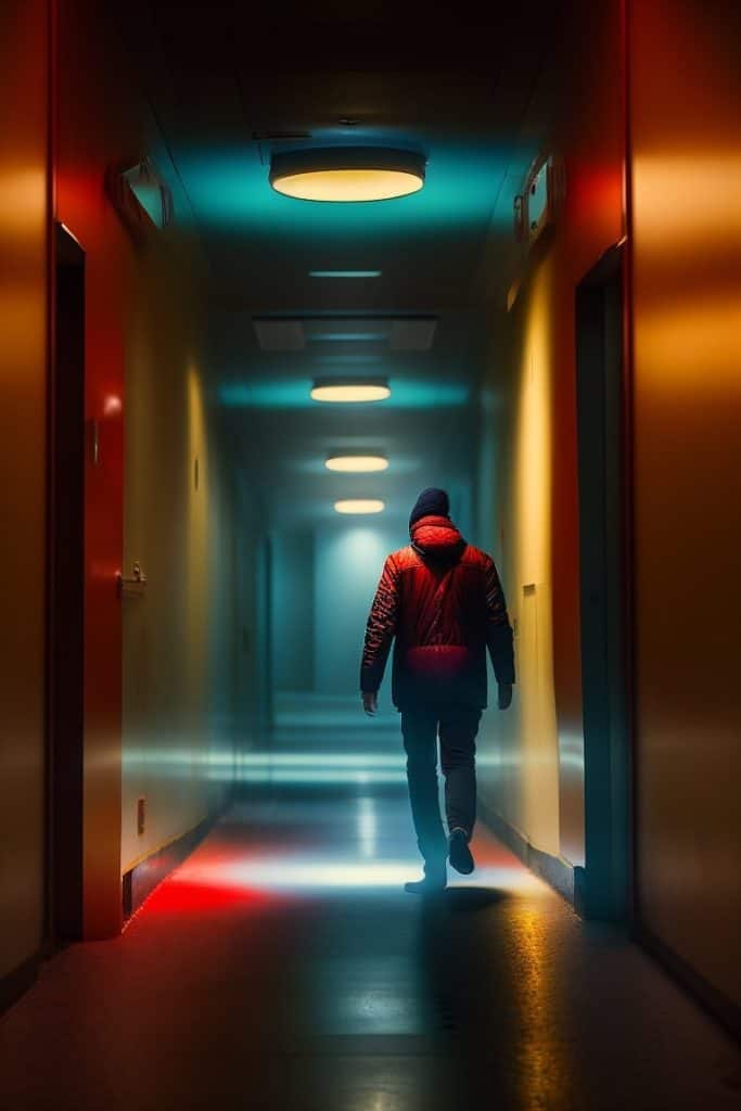 man walking down hallway